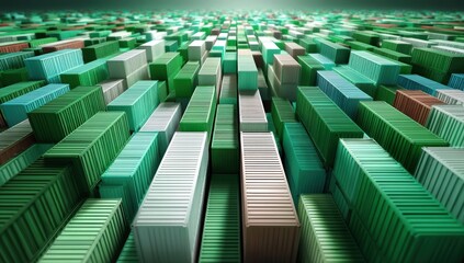 Fototapeta premium Rows of colorful shipping containers stretch into the distance, creating a geometric and industrial landscape.