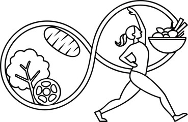 Healthy lifestyle concept illustration featuring food and fitness activities in black and white
