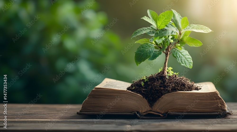 Poster photograph of an old book with a tree growing from its pages symbolizing the of knowledge and enviro
