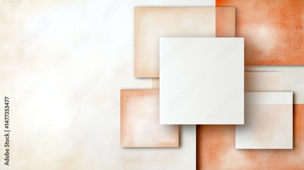 Poster abstract geometric composition with overlapping textured squares in beige and orange hues on a light