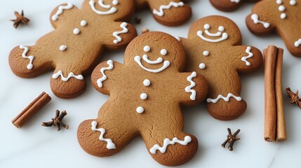 Gingerbread Cookie Collection - Flat lay of classic gingerbread men with royal icing details surrounded by cinnamon sticks and whole cloves on a white marble surface.