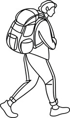 Black and white outline of a person hiking with a large backpack adventure concept