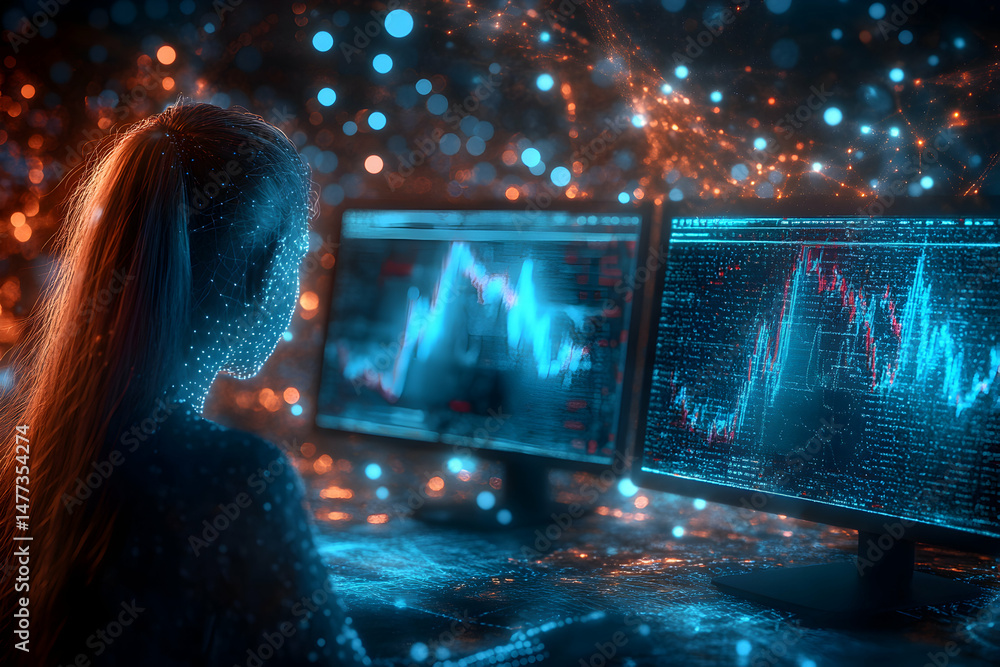Aufkleber futuristic woman analyzing stock market data on multiple computer screens, glowing digital network b