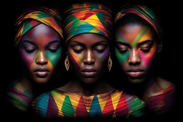 Obraz premium A stunning collaboration of three women adorned with vibrant African-inspired patterns and head wraps, displaying a unique blend of traditional culture and modern artistic expression through