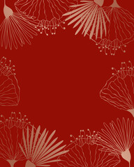 Bright red floral background with hand drawn golden flowers contour. Floral frame, border, template for posts, wedding invitations, greeting cards, packaging, branding, design. Vector illustration © MarhaRyta