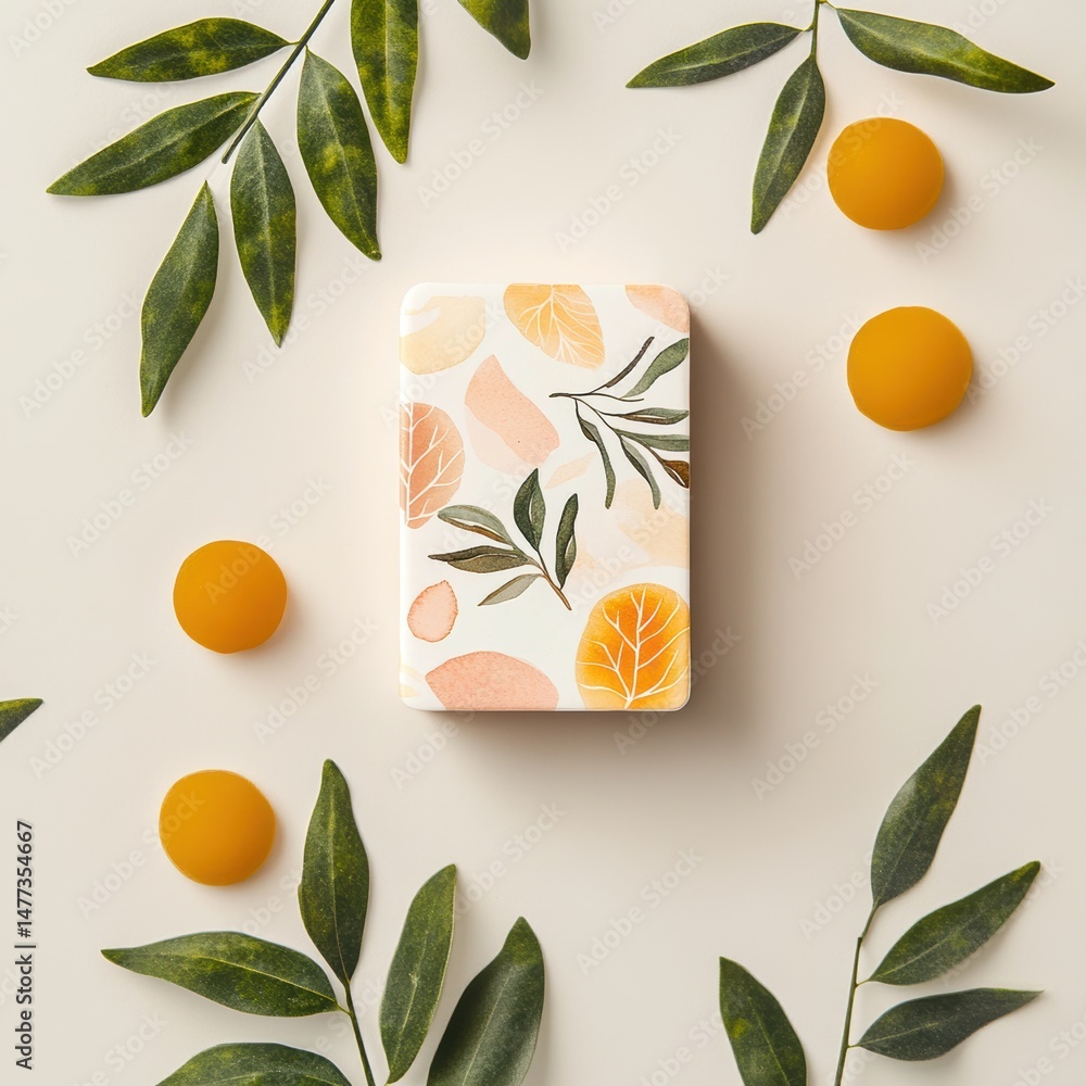 Poster a decorative card with leaf and abstract patterns is surrounded by green leaves and orange round obj