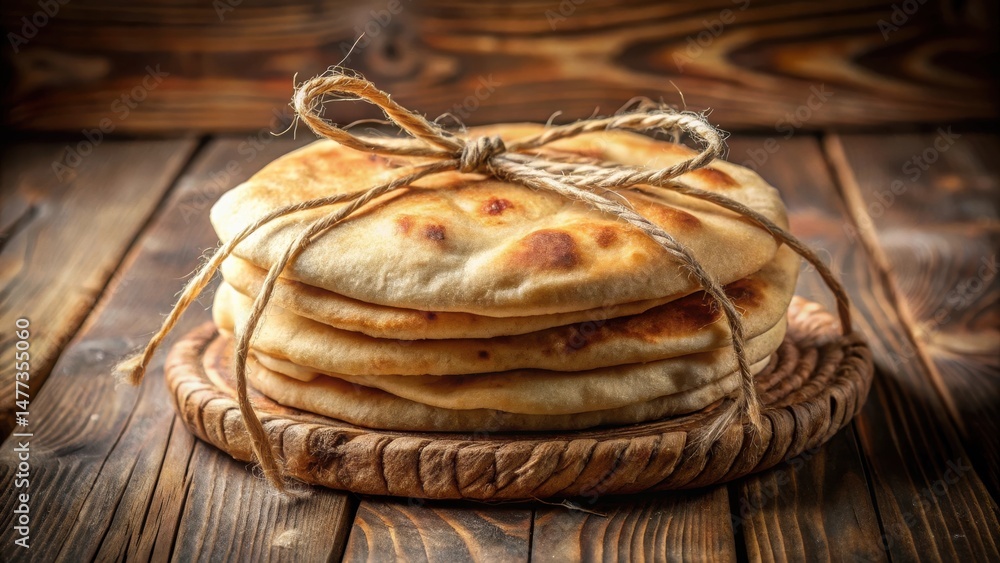 Poster a stack of freshly baked flatbreads tied with twine, resting on a rustic wooden board