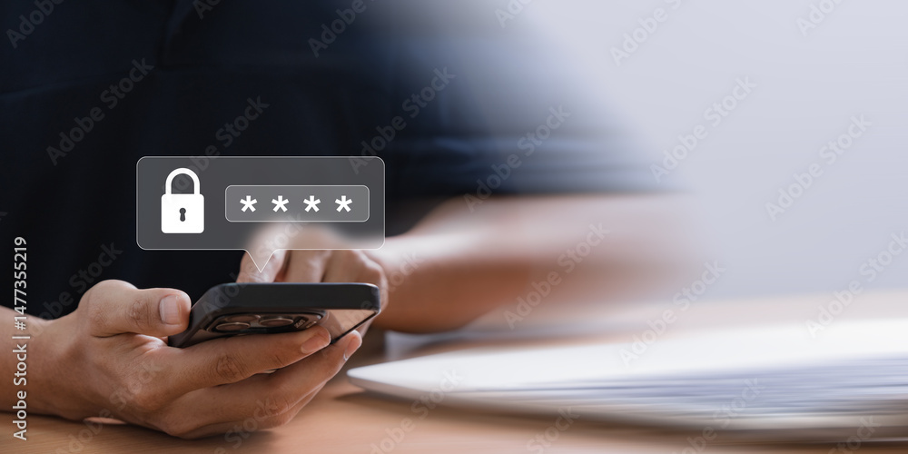 Fototapete Digital Security Concept with Smartphone Login Interface Showing Password Input by User in Office. Illustrates Online Privacy Protection and Mobile Authentication in Everyday Cyber Use