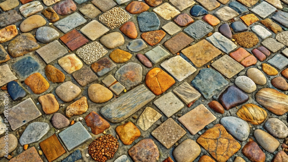 Fototapete A captivating mosaic pavement composed of diversely shaped and colored stones, meticulously arranged in a geometric pattern, creating a textured and visually appealing surface.