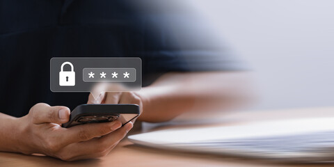 Digital Security Concept with Smartphone Login Interface Showing Password Input by User in Office. Illustrates Online Privacy Protection and Mobile Authentication in Everyday Cyber Use