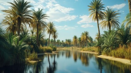 The harmonious coexistence of palm trees and an oasis, symbolizing a serene refuge from the scorching sun and the profound connection between these majestic trees and the sustenance of life
