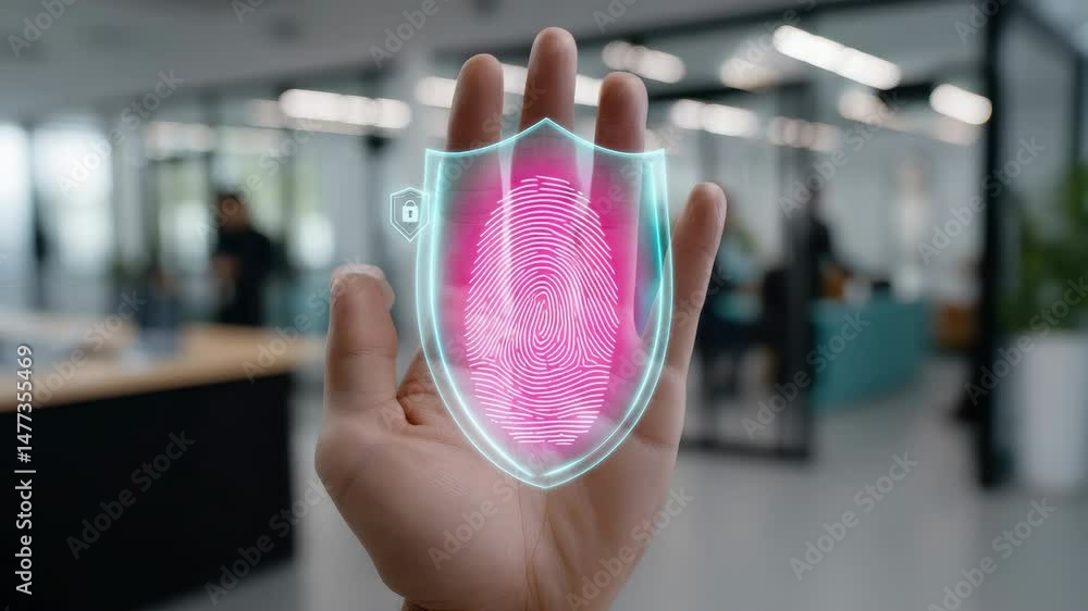 Poster hand displaying digital fingerprint shield symbol of security, innovation, and modern technology in 