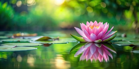 Delicate pink flower floats gently on the surface of a serene lake, surrounded by lush greenery and vibrant water lilies