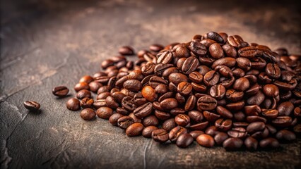 Fototapeta premium Aromatic Roasted Coffee Beans in a Rich Brown Hue, Close-Up View of a Pile on a Dark Textured Surface