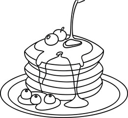 Black and white illustration of pancakes with syrup and berries on a white plate