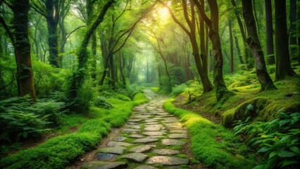 Fototapeta premium Ancient stone path winding its way through lush green forest, disappearing into the horizon , outdoor