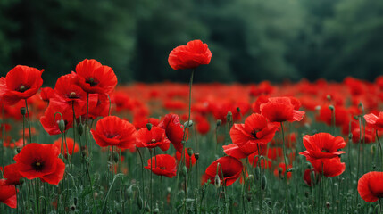 Obraz premium A vibrant field bursts with life as countless red poppy flowers dance gracefully in a summer meadow, creating a stunning spectacle against the soft, green backdrop.