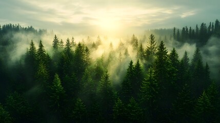 Enchanting aerial view of a misty pine forest at sunrise with golden light illuminating the treetops and creating a serene ethereal atmosphere