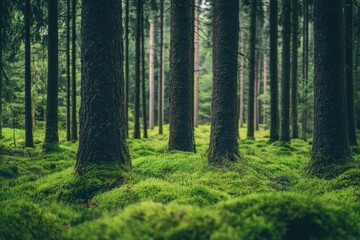 Serene Green Forest Mossy Trees Nature Scenery Tranquil Peaceful Woods Background Lush Vibrant      