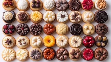 Fototapeta premium Holiday Cookie Variety - Detailed overhead shot showing dozens of different Christmas cookie designs arranged in neat rows by type on light background.