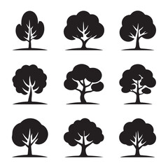 Set of Tree Illustrations Featuring Different Types and Shapes of Trees in Black and White for Nature Design