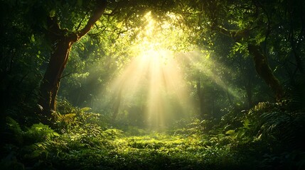 Sunlight streams through the dense ancient canopy of a lush tropical rainforest casting a warm golden glow across the verdant forest floor below  A tranquil