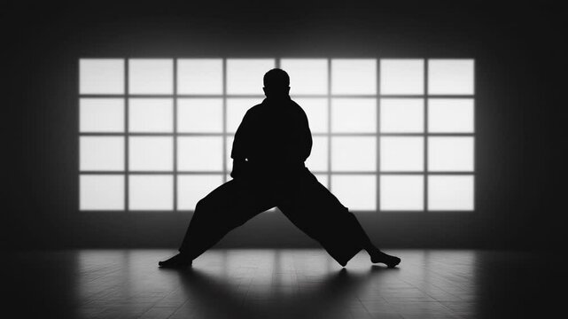 Silhouette of martial artist training in dark dojo environment with bright background