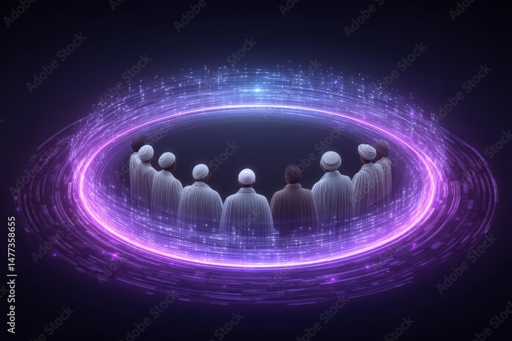 Poster spiritual leaders in a digital realm engaged in dialogue within a glowing circular frame surrounded 