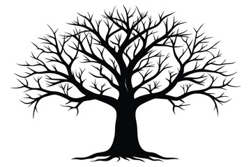 Silhouette of a Bare Tree with Intricate Branch Structure and Root System Design