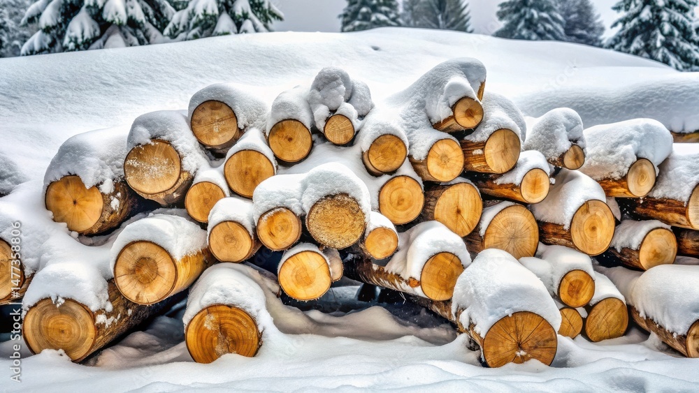 Poster winter's embrace a pile of snow-covered logs resting in a serene forest setting