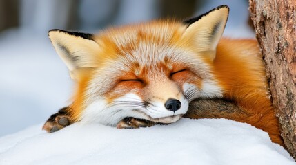 Obraz premium Sleepy Red Fox Cozying Up in Soft Snow on Winter Afternoon