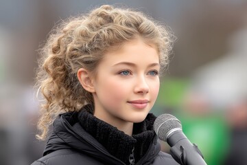 A young activist speaking at a save the sea protest near the harbor