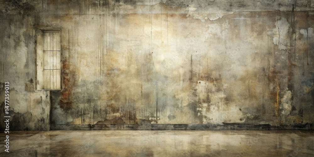Poster a weathered room with a single, barred window, showing the passage of time and decay on its aged wal