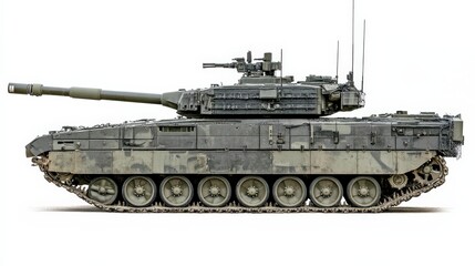 Military tank on a white background showcasing its armored design, advanced weaponry, and powerful stature, ideal for defense, warfare, and vehicle-themed projects.