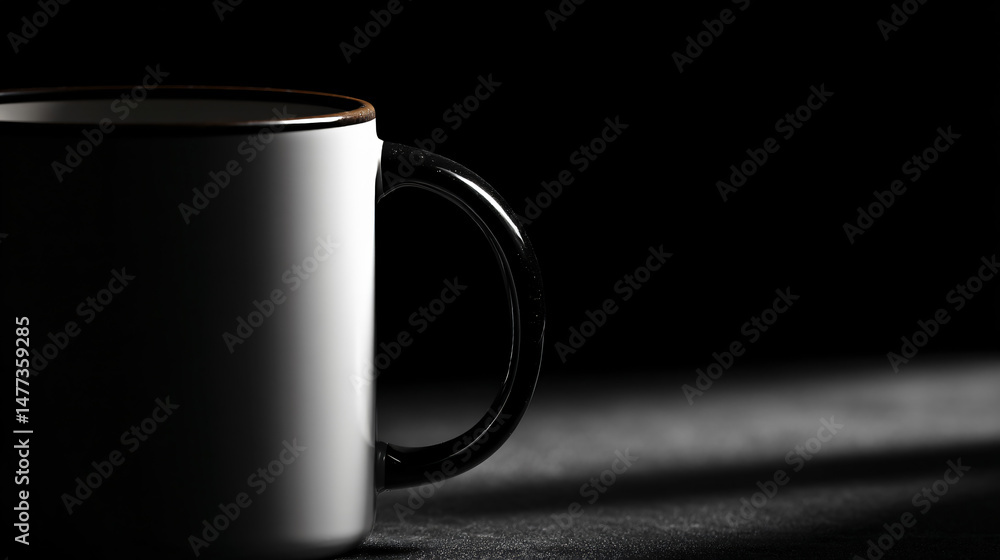 Poster incline survey of an empty white mug with a contrasting black handle, ideal for customization or eco
