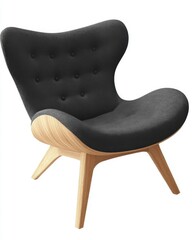 Isolated studio shot of modern gray upholstered armchair with wood frame and legs on white background