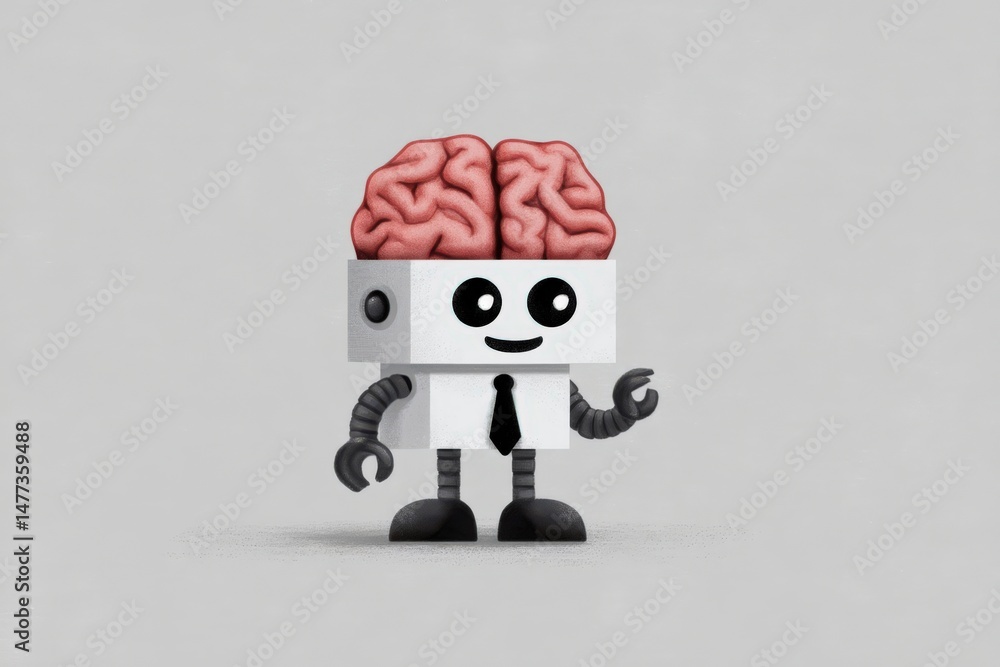 Aufkleber a playful cartoon robot with a brain for a head stands confidently against a light grey backdrop sho