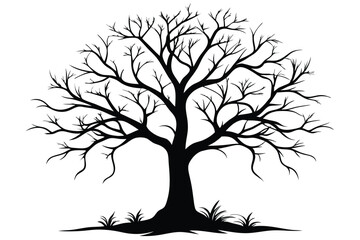 Detailed Silhouette of a Tree with Bare Branches and Ground Cover Illustration