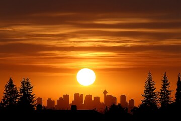 Naklejka premium City skyline glowing in golden hue of solstice sunset