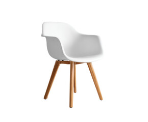 Modern white chair with wooden legs for contemporary design on a transparent background, cut out