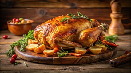 A whole roasted chicken with carrots and potatoes, placed on a wooden cutting board, under the warm glow of soft natural light , roasted chicken, food preparation
