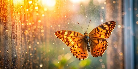 Fototapeta premium A delicate brown and orange butterfly perches on a windowpane, its iridescent wings reflecting sunlight in morning dew
