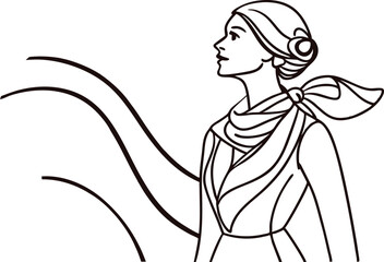 Elegant female portrait in minimalist line art style with flowing scarf vector illustration