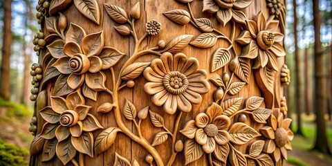 Intricate wooden sculptures showcasing delicate flowers and leaves intricately carved into a tree trunk detail