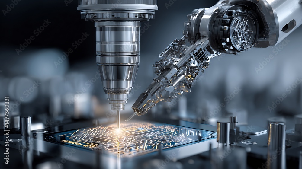Poster automated electronic production line showcasing robotics and precision engineering