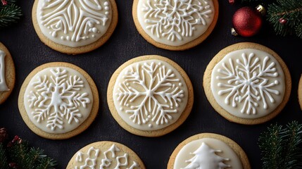 Fototapeta premium Monochromatic Cookie Set - Elegant all-white Christmas cookies with intricate icing designs arranged on dark charcoal background for contrast.