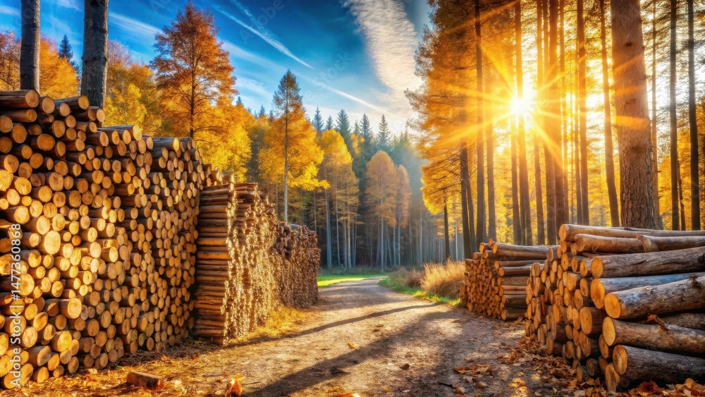 Poster golden sunlight illuminates a path through an autumnal forest flanked by stacks of harvested timber 