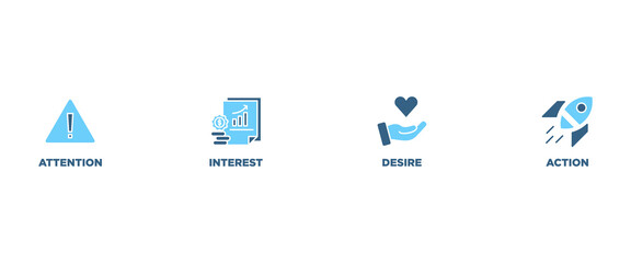 AIDA banner web icon vector illustration concept for attention interest desire action with icon of promotion, target, vision, store, ecommerce, and buying