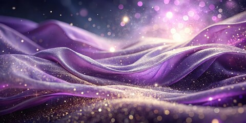 A shimmering purple fabric draped in elegant waves, adorned with golden glitter, creating a luxurious and enchanting scene.