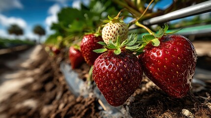 Fresh strawberries hanging on plant